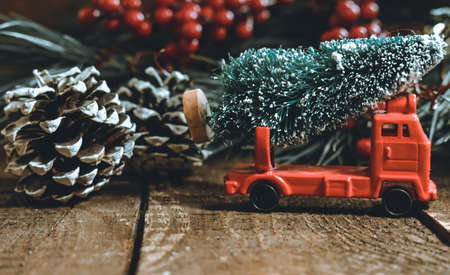 Christmas red Toy Car Ornament Backgroundの写真素材
