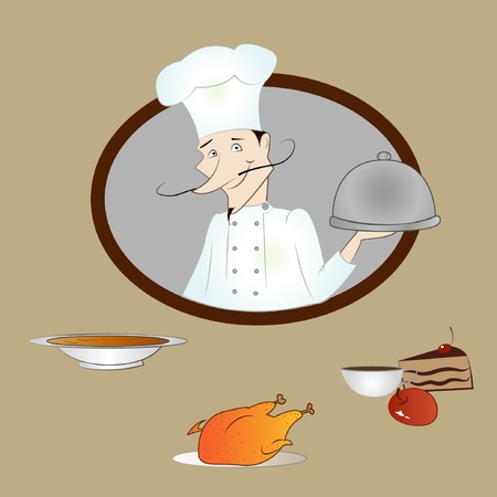 Cartoon chef holding silver platterのイラスト素材
