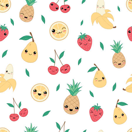 Kawaii happy fruit seamless pattern vector. White background. Illustration