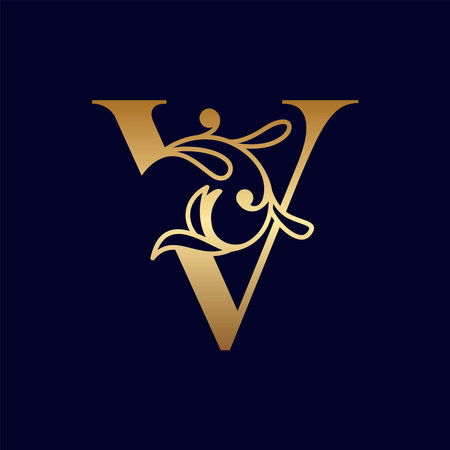 Initial Letter V Luxury Gold Color Floral logo icon vector templateのイラスト素材