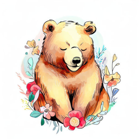 Cute bear with flowers. Hand drawn vector illustration on white background.の素材