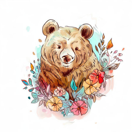 Hand drawn bear with flowers and leaves. Vector illustration in watercolor style.の素材
