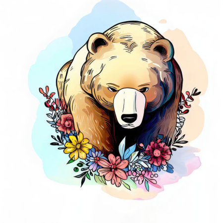 Grizzly bear with flowers and leaves. Vector illustration.の素材