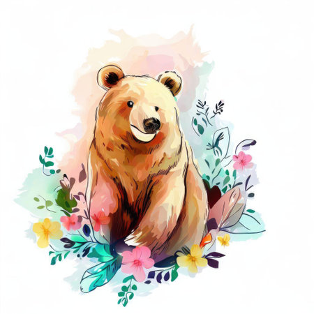 Watercolor illustration of a cute brown bear on a floral background.の素材