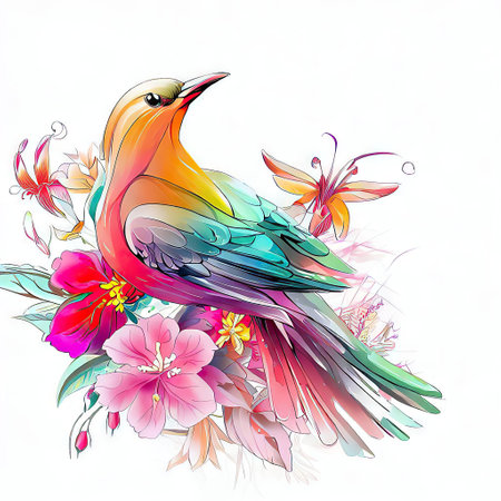Colorful bird with flowers and butterflies on white background. Vector illustration.の素材