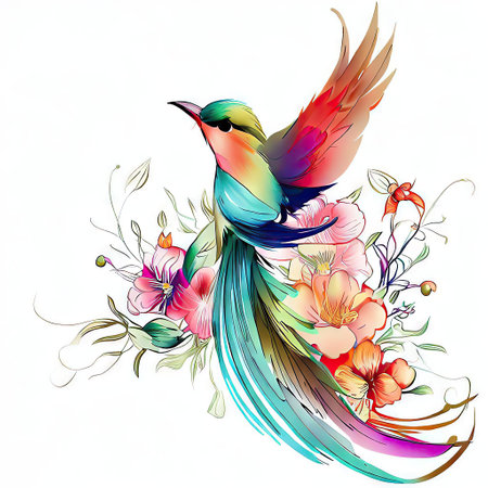 Beautiful bird on a background of flowers. Vector illustration for your designの素材