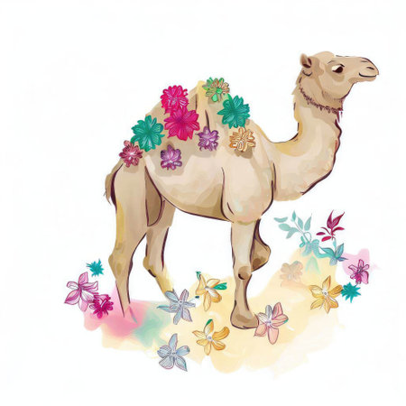 Camel with flowers and butterflies. Watercolor hand drawn illustration.の素材