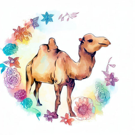 Camel with flowers and butterflies. Watercolor hand drawn illustration.の素材