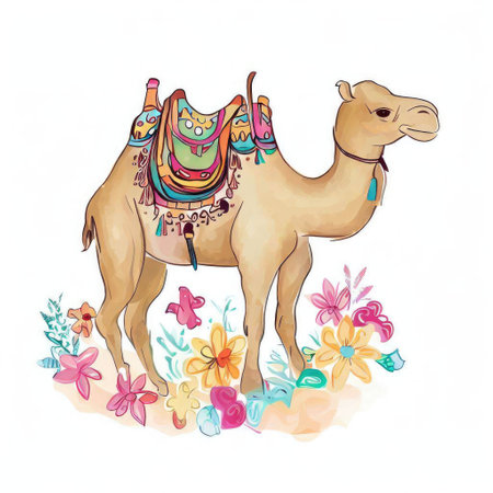 Camel with a saddle, flowers and butterflies on a white backgroundの素材