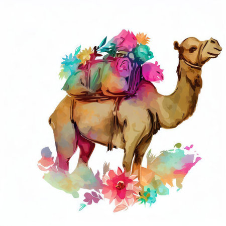Camel with flowers. Watercolor illustration isolated on white background.の素材