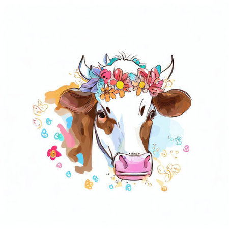 Cute cow with flowers in her hair. Vector illustration on white background.の素材