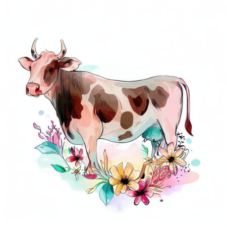 Cute hand drawn watercolor illustration of a cow with flowers.の素材