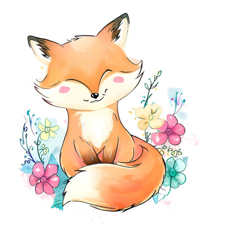 Cute fox with flowers. Vector illustration of a cute fox.の素材
