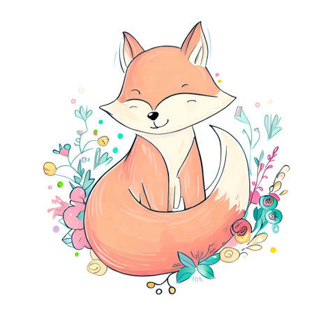 Cute fox in a circle of flowers on a white background.の素材