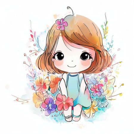 Cute little girl with flowers. Watercolor illustration. Vector.の素材