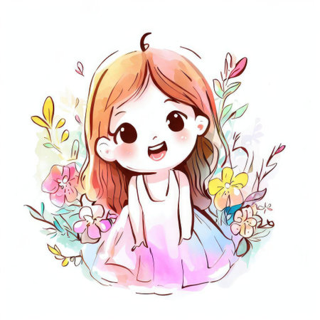Cute little girl with flowers and leaves. Vector watercolor illustration.の素材