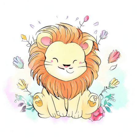 Cute cartoon lion with flowers. Hand drawn watercolor illustration.の素材