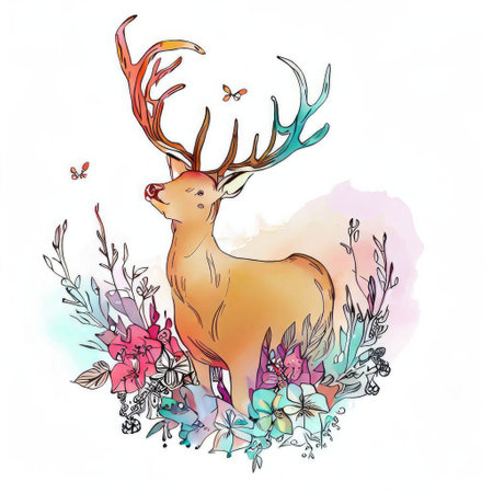 Beautiful hand drawn vector illustration of a deer with flowers and butterfliesの素材