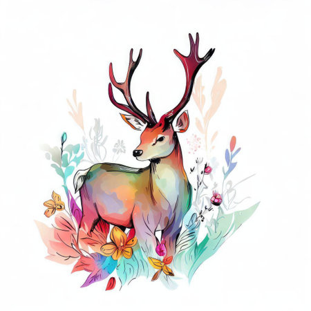 Watercolor illustration of a deer on a white background with floral elements.の素材