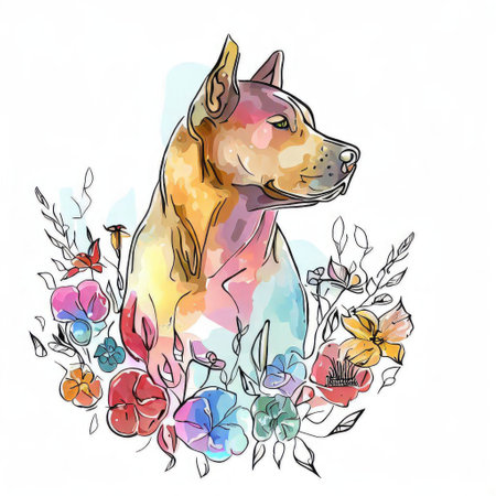 Hand drawn watercolor portrait of a dog with flowers. Vector illustration.の素材