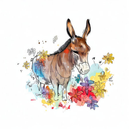 Donkey with flowers. Hand drawn watercolor illustration on white backgroundの素材