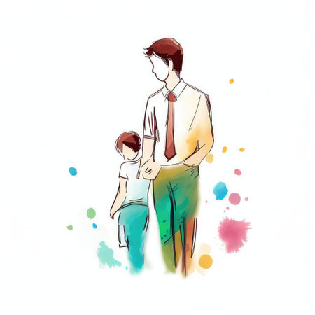 Father and son standing together with watercolor splashes on white backgroundの素材