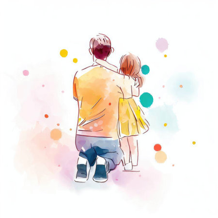 Illustration of father and daughter on colorful watercolor background. Vector illustration.の素材