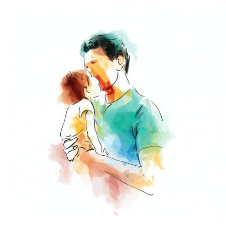 Illustration of a man with a child in his arms. Watercolorの素材