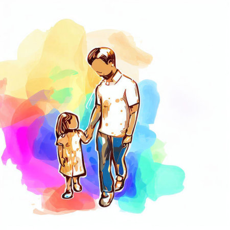 Father and daughter on colorful watercolor background. Hand drawn vector illustration.の素材