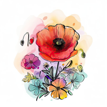 Hand drawn poppies and flowers on watercolor background. Vector illustration.の素材