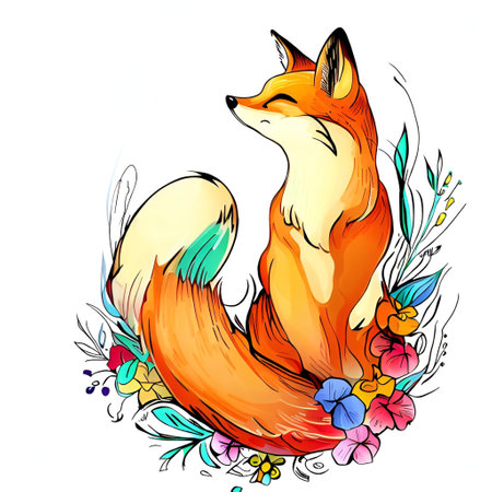 Cute fox with floral ornament. Vector illustration on white background.の素材