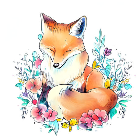 Cute foxes and flowers. Vector illustration in sketch style.の素材