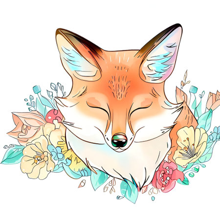 Cute fox with flowers and leaves. Vector illustration in sketch style.の素材