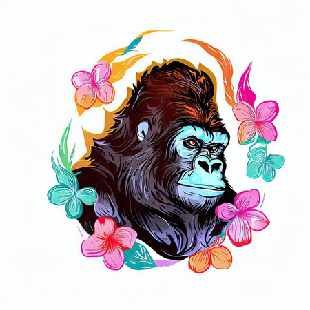 Gorilla with flowers and butterflies on white background. Vector illustration.の素材