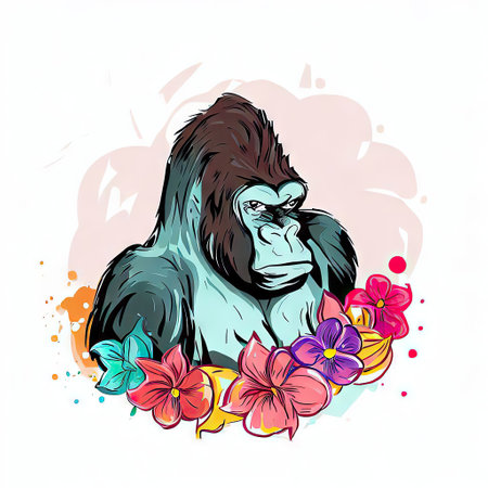 Gorilla with flowers. Hand drawn vector illustration in sketch style.の素材
