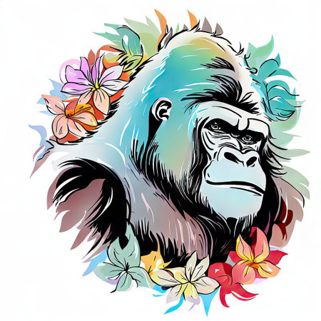 Gorilla with flowers and leaves on a white background. Vector illustrationの素材