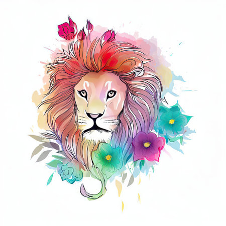 Lion head with flowers and leaves. Hand drawn vector illustration.の素材