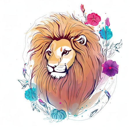 Lion head and flowers. Hand drawn vector illustration for your designの素材