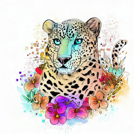 Leopard with flowers. Hand drawn vector illustration on white background.の素材