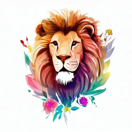 Lion with flowers. Hand drawn vector illustration on white background.の素材
