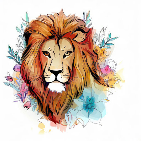 Lion head with flowers and leaves. Hand drawn vector illustration.の素材