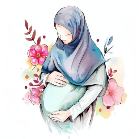 Pregnant woman in hijab with flowers. Watercolor illustration.の素材