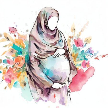 Pregnant woman in hijab with flowers. Watercolor illustration.の素材