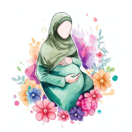 Hijab pregnant woman with flowers. Watercolor hand drawn illustrationの素材