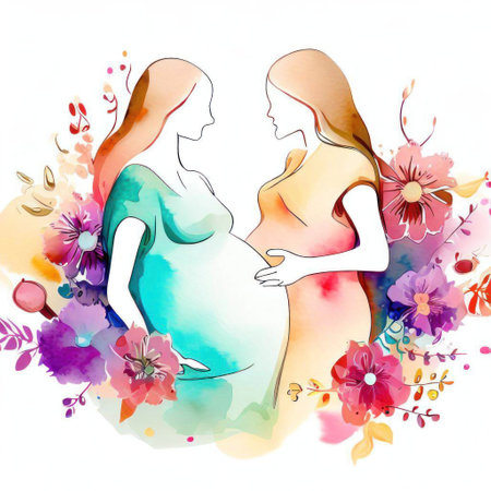 Pregnant woman with flowers in watercolor style. Vector illustration.の素材