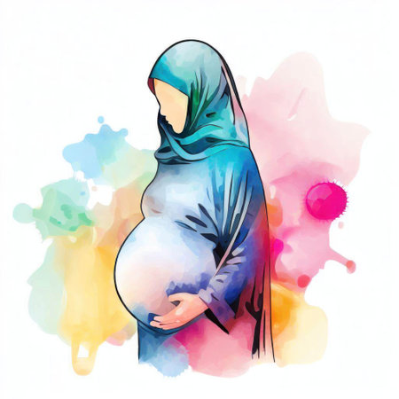Pregnant woman in hijab with watercolor splash. Vector illustration.の素材