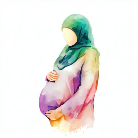 Pregnant woman in hijab. Watercolor painting. Vector illustration.の素材