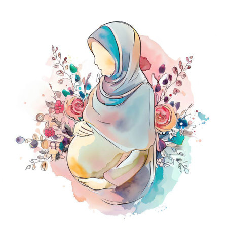 Pregnant woman with flowers on watercolor background. Vector illustration.の素材