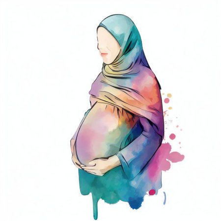 Pregnant woman in hijab with watercolor splash on white backgroundの素材