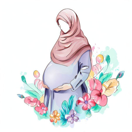 Illustration of a pregnant woman in hijab with flowers on white backgroundの素材